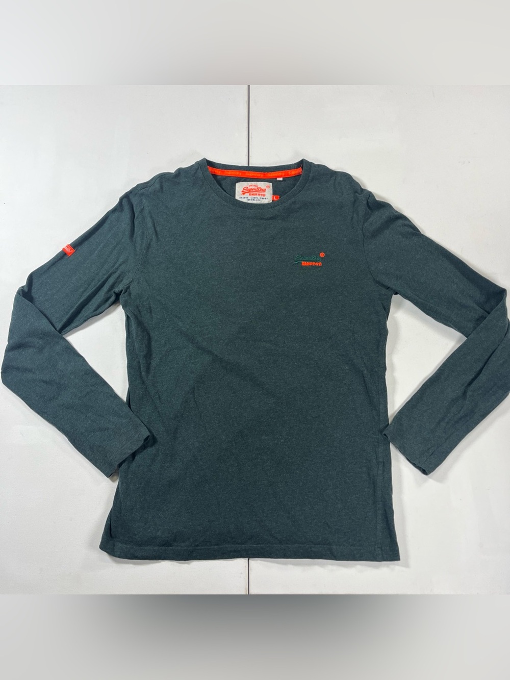SUPERDRY Long Sleeve Tee Shirt Blue Gray Cotton Embroidered Logo Men’s L